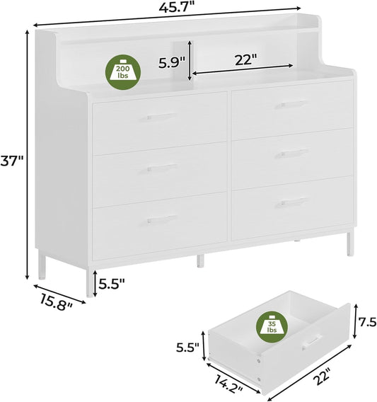 White Dresser for Bedroom with 6 Drawers and Storage Shelves, Wide Chest of Drawers with Sturdy Steel Legs, Large Wooden Storage Tower Dresser Organizer, Dresser for Bedroom, Clost, Entryway-1