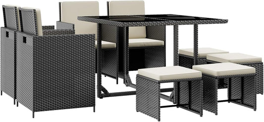 9 Pieces Patio Dining Sets Outdoor Conversation Sets, Space Saving Wicker Chairs with Glass Table and Ottomans, Cushioned Seating and Back Sectional Dining Sets(Bk-Wh)-1