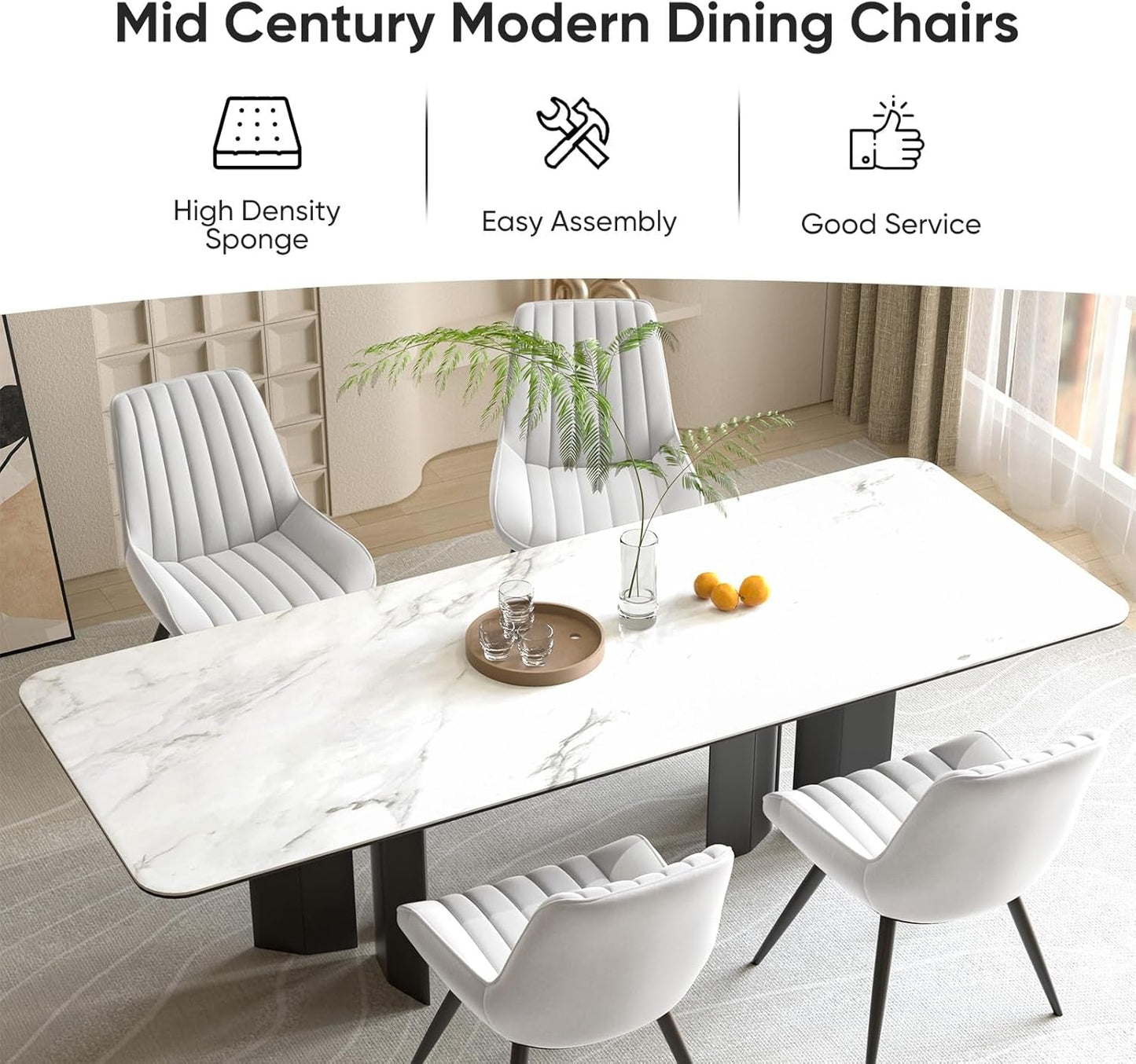 Modern Dining Chairs Set of 4, Comfy Dining Room Chairs with Thick Cushions, Upholstered Fabric Kitchen Side Chairs with Metal Legs, White-3