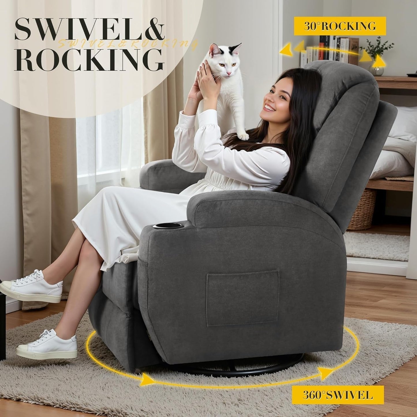 Recliner Chair,360° Swivel Rocker Chair for Adults, Rocking Recliner Chair with Massage, Comfy Single Sofa with Side Pockets Cup Holders for Living Room, Bedroom, Nursery (Fabric, Gray)-2