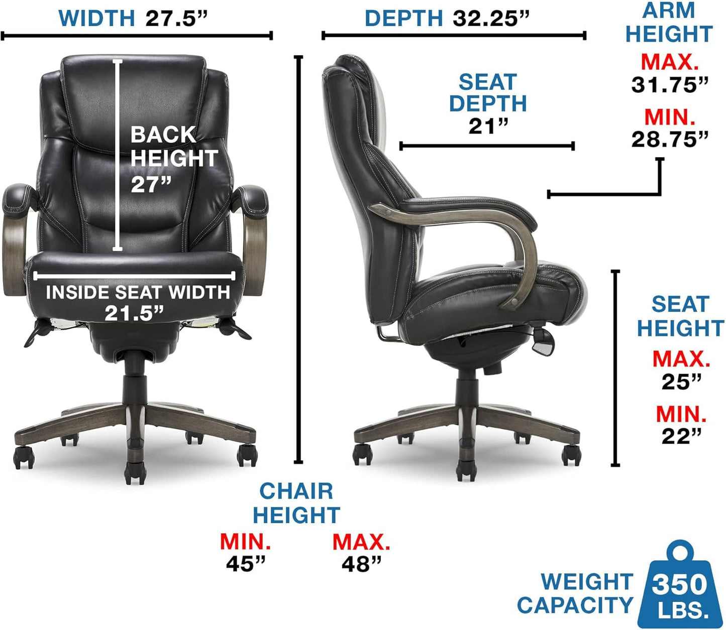 Delano Big & Tall Executive Office Chair, High Back Ergonomic Lumbar Support, Bonded Leather, Black with Weathered Gray Wood-2