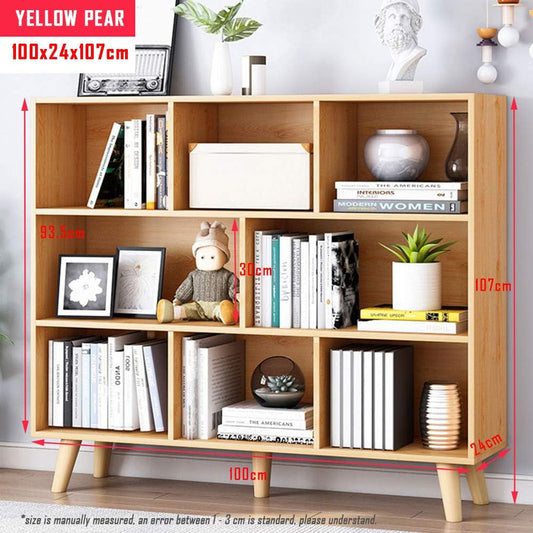 Wooden Open Shelf Bookcase - 3-Tier Floor Standing Display Cabinet Rack with Legs, 8 Cubes Bookshelf, Pear Yellow-1