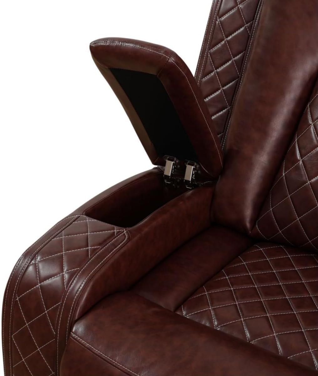 Electric Power Recliner Sofa Living Room Furniture, Comfy Home Theater Breathing Leather Seating with USB 2.0 Charging Ports, LED Light Strips, Fold-Down Table & Wireless Charging Device (Red)-4