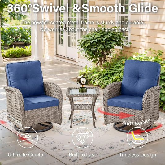 Swivel Patio Chairs Wicker Set - Outdoor Swivel Rocker Chair with Side Table, 3 Piece Patio Glider Chairs Furniture Set with Water-Resistant Cushions for Porch Deck Sunroom-1