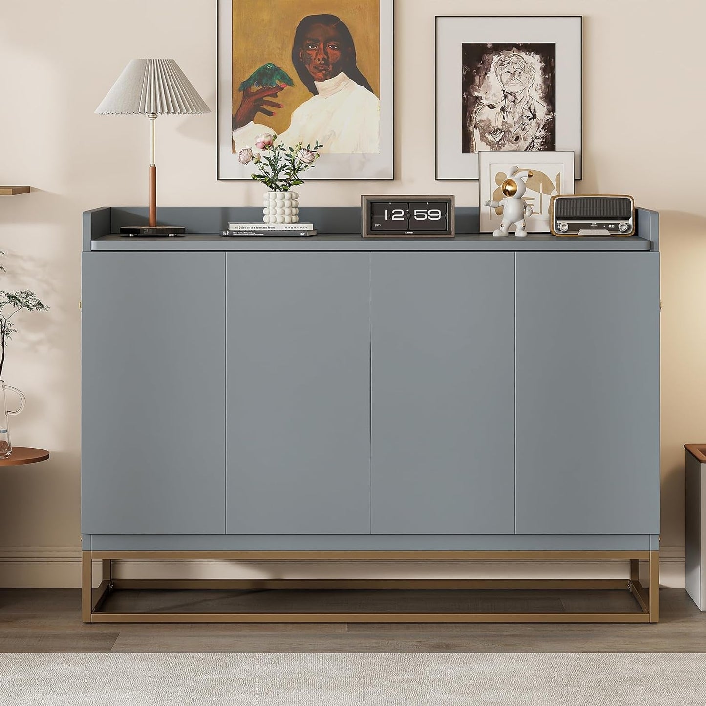 Queen Size Murphy Bed, Wooden Queen Wall Bed Frame with Iron Legs, Modern Design, Gray-0