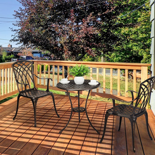 Cast Aluminum Patio Bistro Set with Umbrella Hole, 3 Piece Outdoor Bistro Set Rust-Resistant, Patio Table and Chairs, Outdoor/Indoor Use, for Garden,Backyard, Patio Balcony, Bronze-1