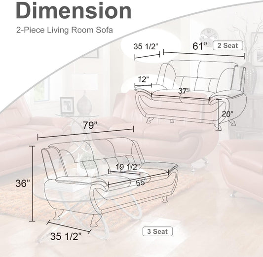 Faux Leather Sofa Couch Set, Living Room Sofa and Loveseat Set, Leather Couch and Loveseat Set for Living Room Office Home (2 Piece Leather Living Room Set, Cream White)-1