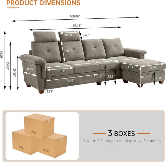 Convertible Sectional Sofa with Storage, 4 Seat L Shaped Couch with Chaise and Cup Holder, Modern Microfiber Fabric Sofas Couches for Living Room, Apartment, Office (Beige)-1