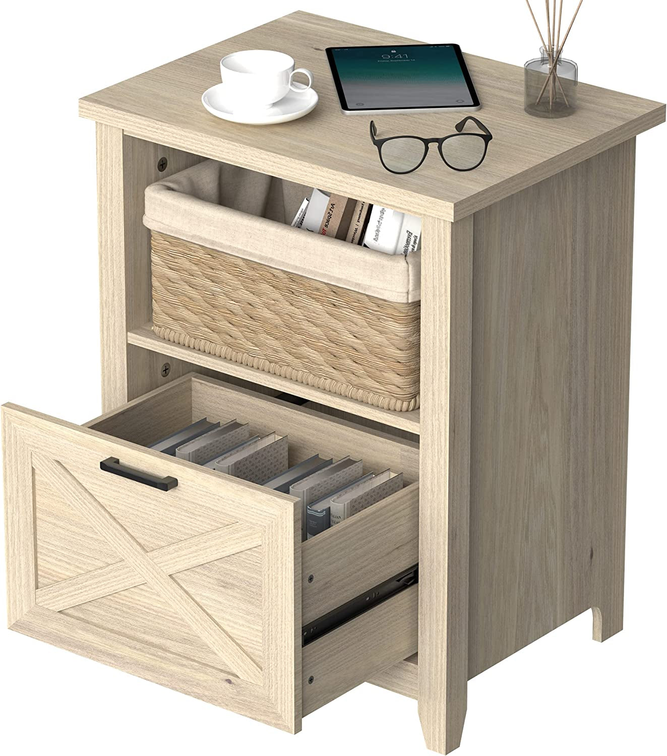 Beige Wood Nightstand with Storage Drawer and Cubby-2