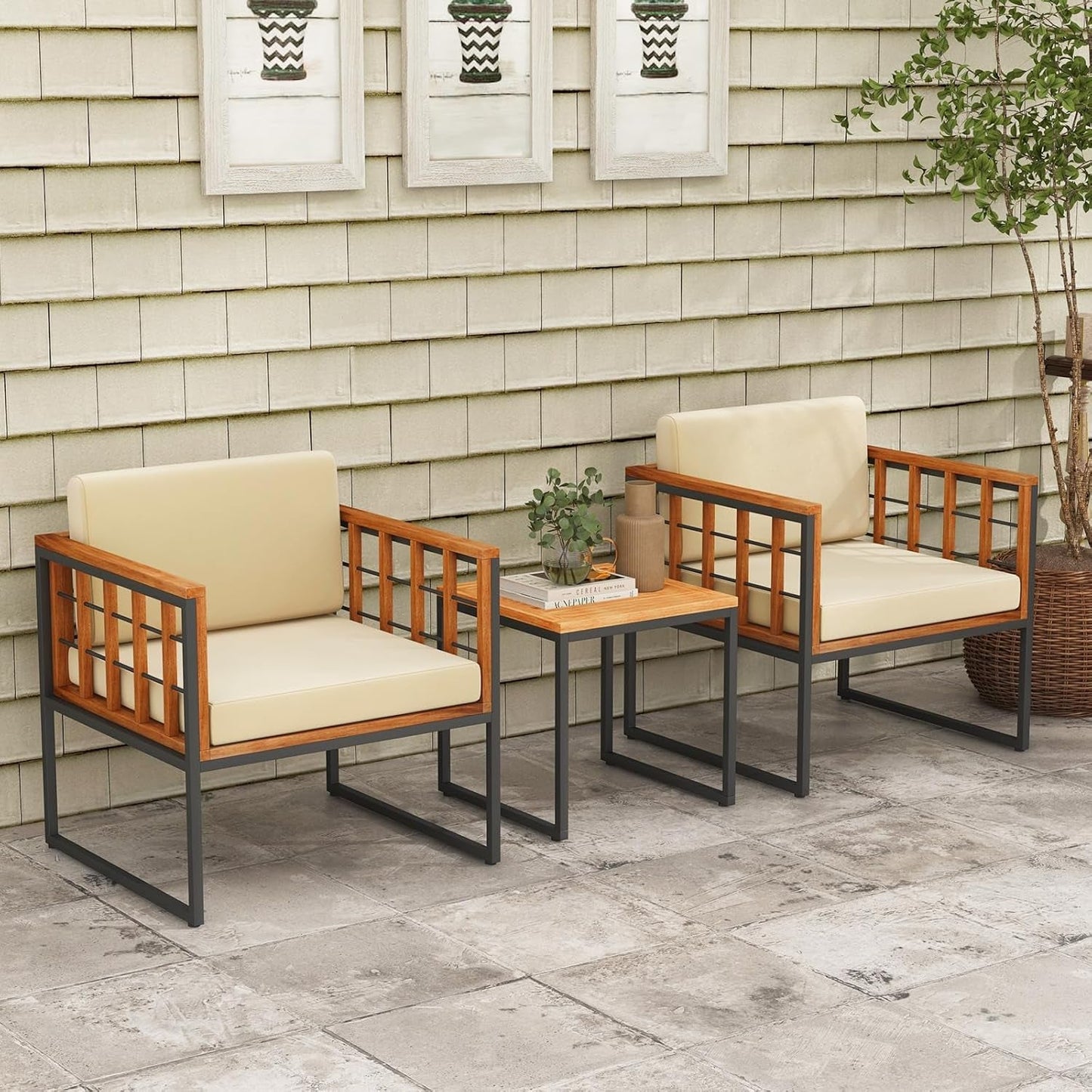 3 Pieces Patio Chair Set, Acacia Wood Outdoor Sofa Set with Metal Support, Soft Seat & Back Cushions Included, Cushioned Bistro Set for Balcony, Porch, Backyard (Beige)-2