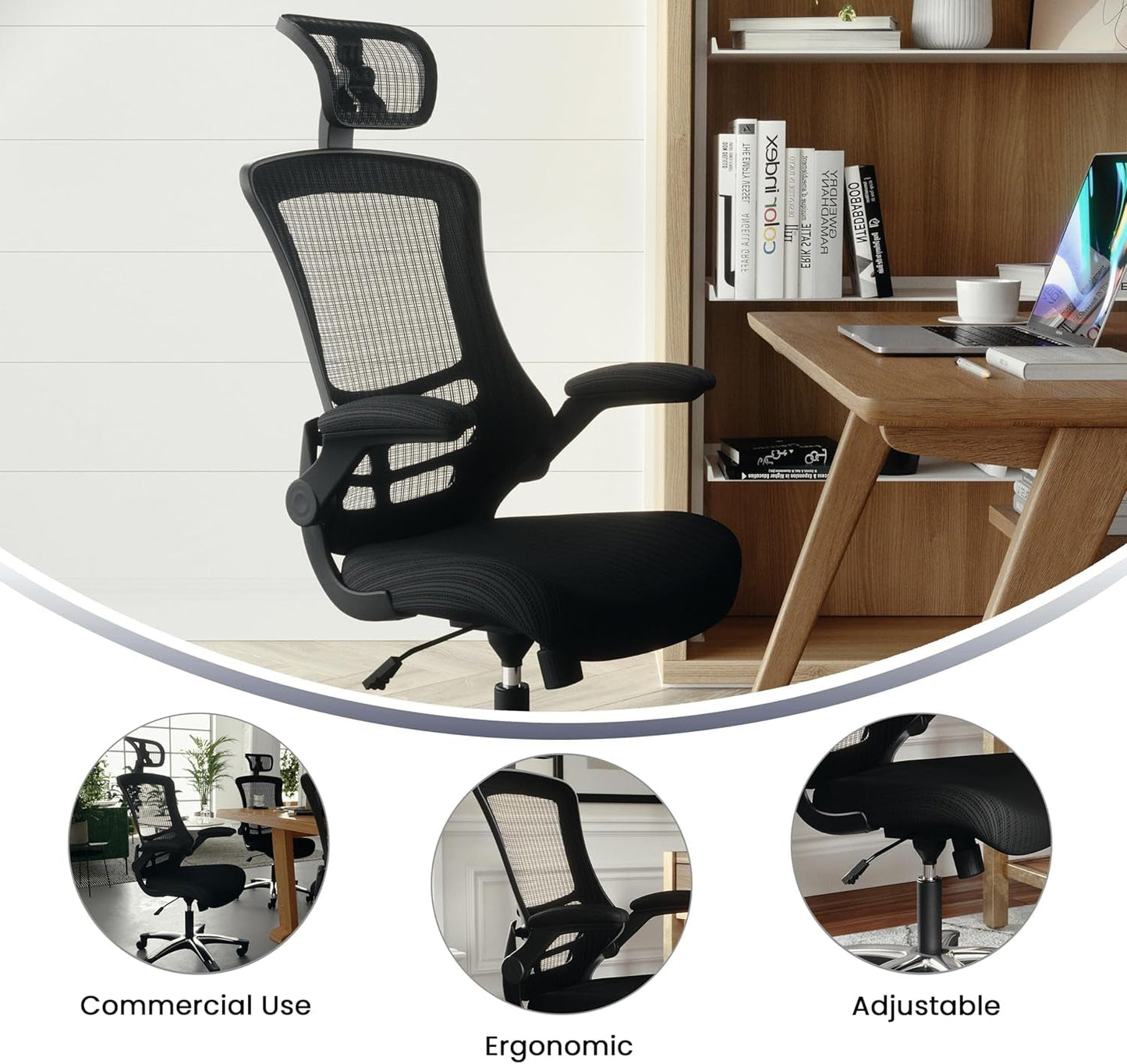 Kelista High-Back Swivel Office Chair with Adjustable Lumbar Support and Seat Height, Ergonomic Mesh Desk Chair, Black-4