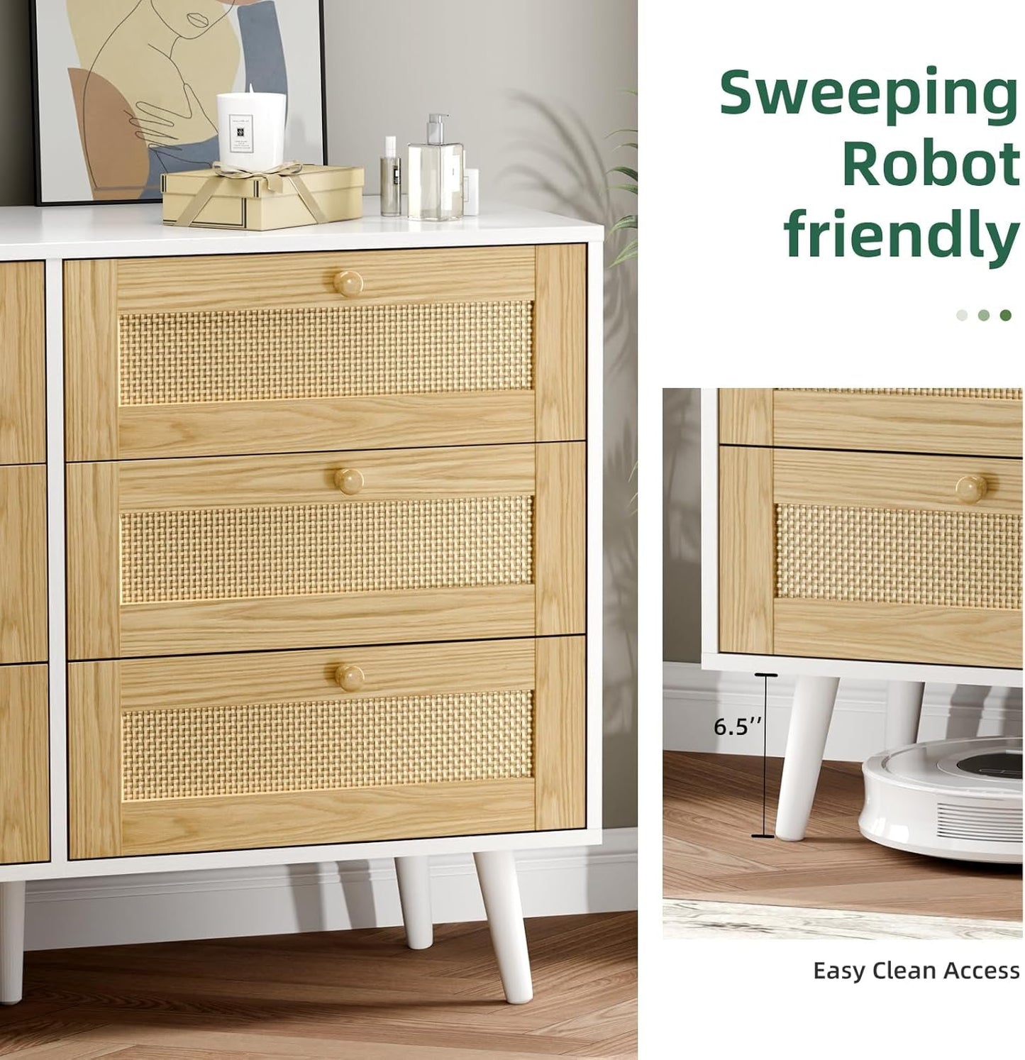 6 Drawer Rattan Modern Dresser for Bedroom, Wooden Dresser Chest with Handles for Bedroom, Living Room and Hallway, White-3
