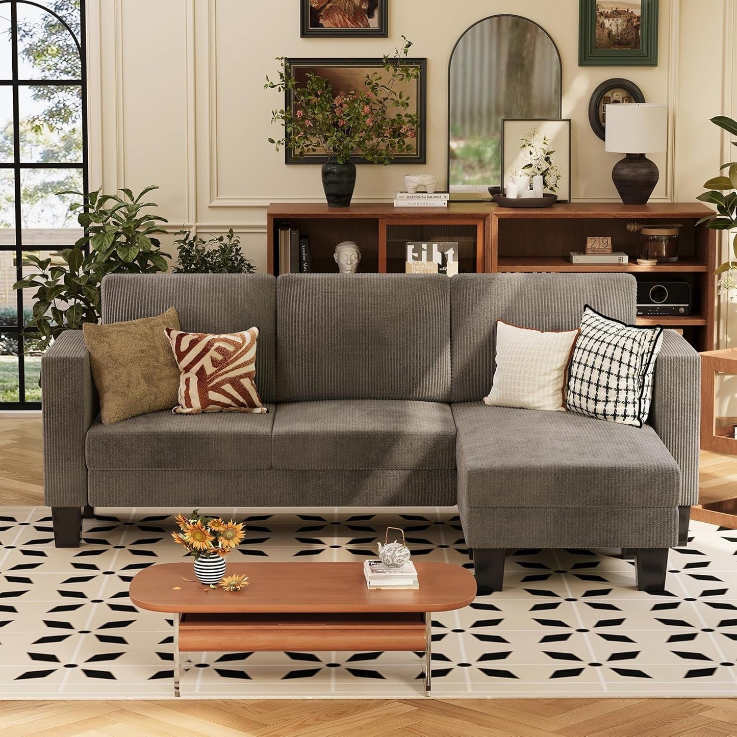 Convertible Sectional Sofa Couch, 3 Seat L-Shaped Sofa with Linen Fabric Ottoman Small Couch for Small Apartments, Living Room and Office (Corduroy, Gray)-3