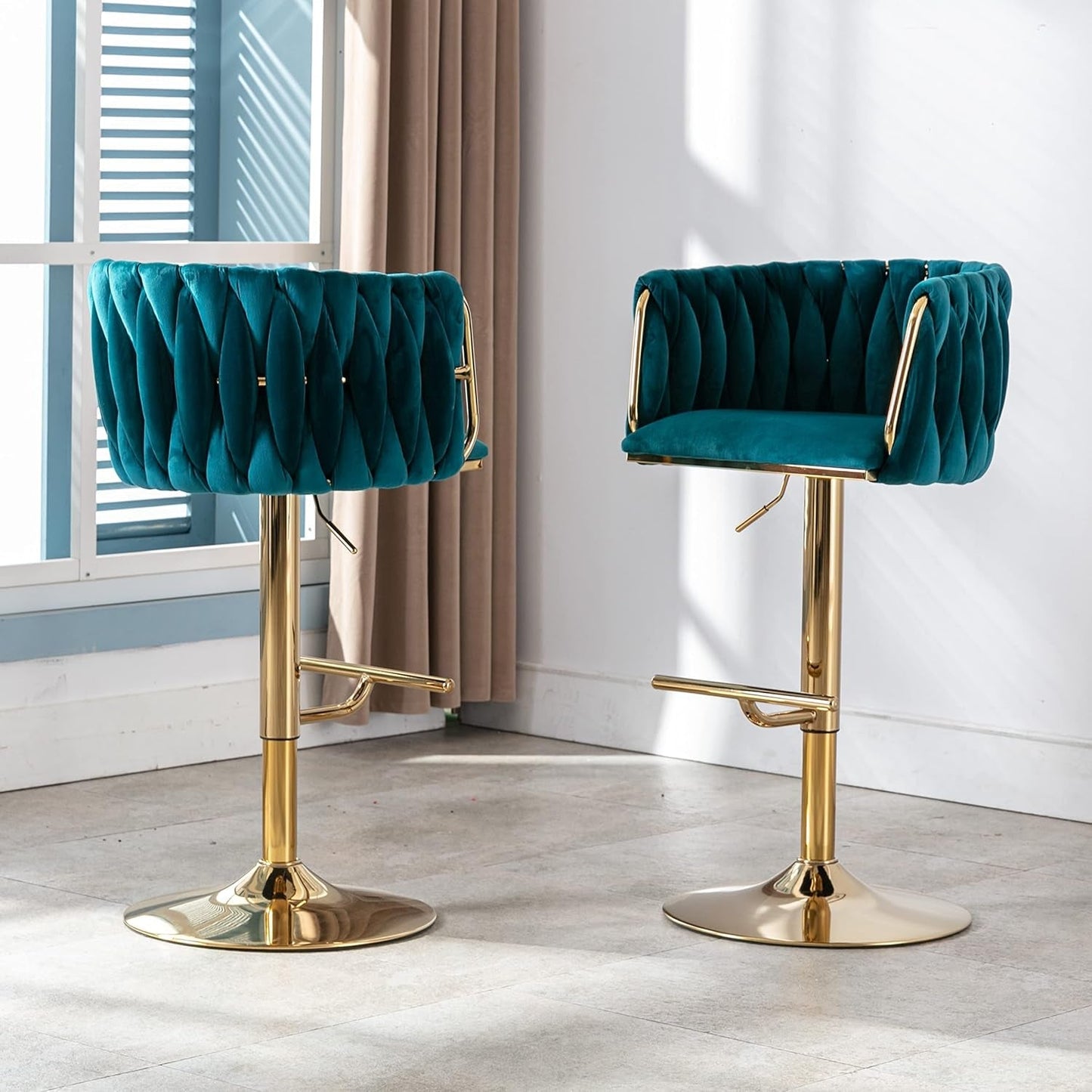 Modern Swivel Bar Stools Set of 2, Velvet Adjustable Height Barstool with Barrel Back Kitchen Island Counter Bar Chair with Golden Base, Teal Green-2