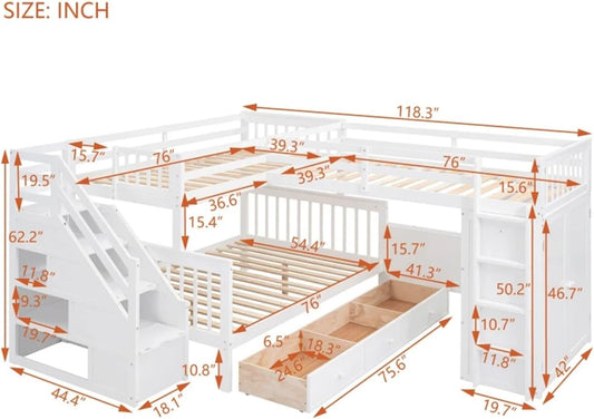 Twin-Twin over Full L-Shaped Bunk Bed with 3 Drawers,Portable Desk and Wardrobe,Practical Family Modern Style (Grey One Size)-1