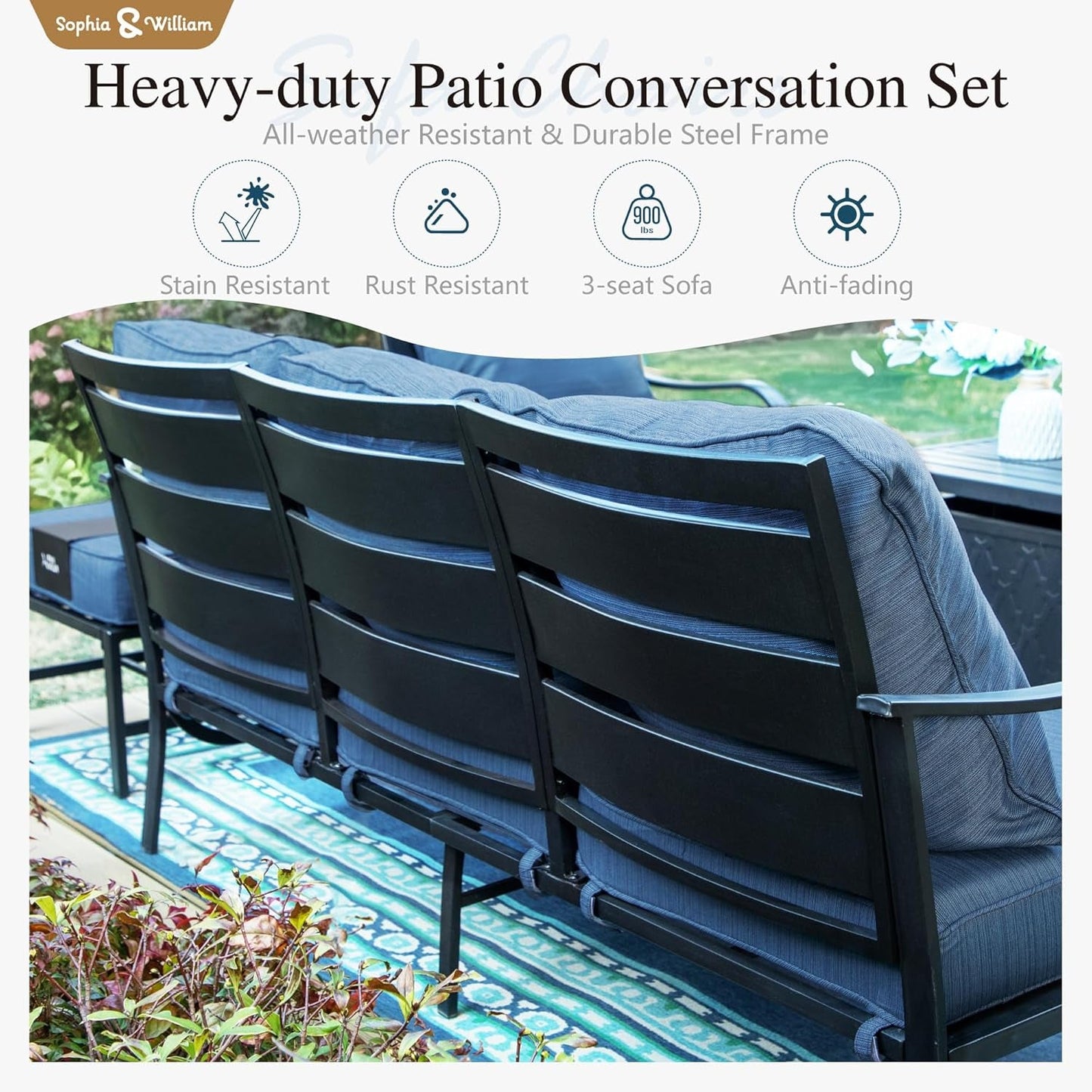 Patio Furniture Sets for 9 with 45" Gas Fire Pit Table Outdoor Conversation Sets, 2Xsofa Chairs, 2Xswivel Cushion Chairs, 1X3-Seat Sofa, 2Xottomans for Porch Poolside Peacock Blue-3
