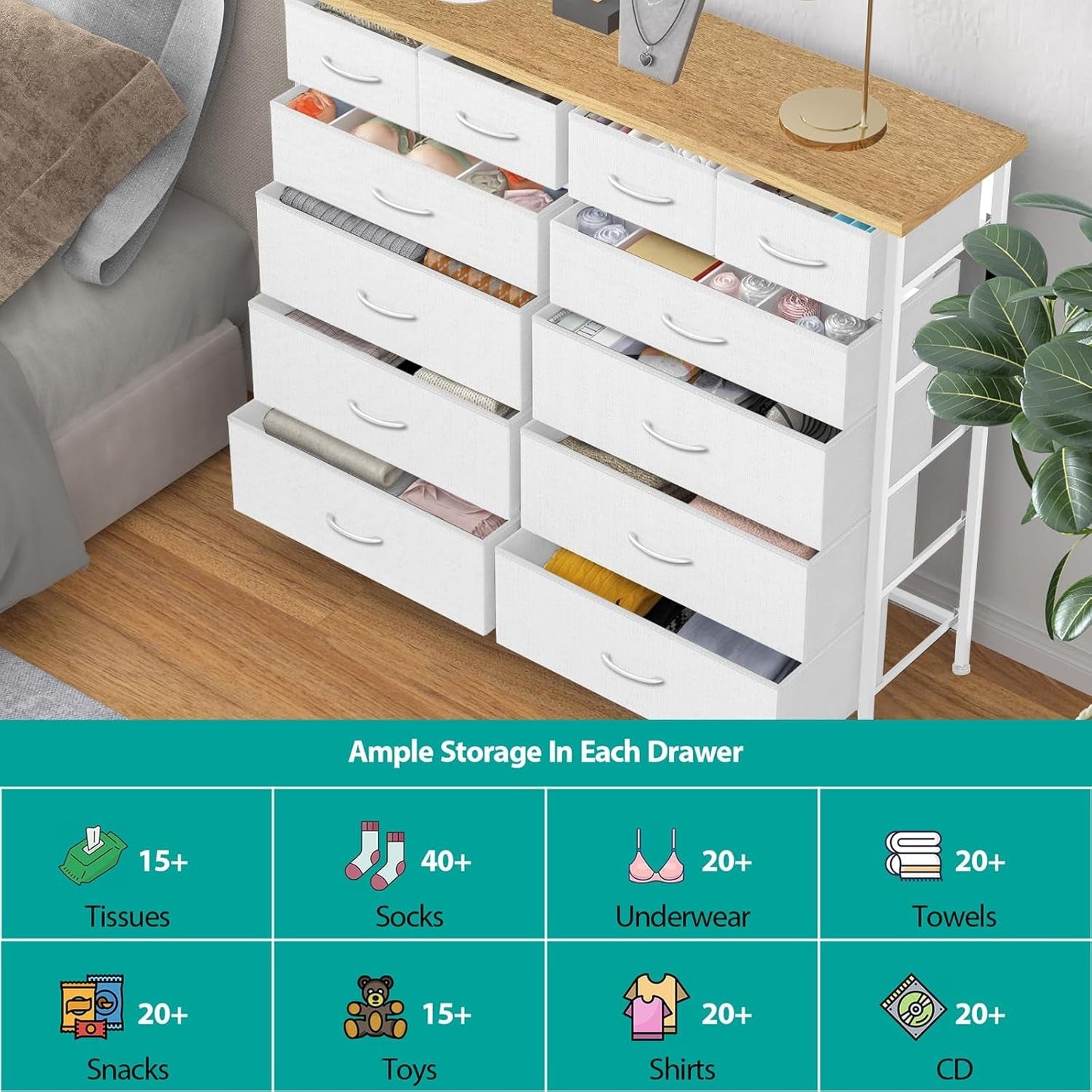 Compact 12 Drawers Dresser for Bedroom, Fabric Storage Tower, Chest of Drawers with Retro Wood Top for Closet, Nursery, Living Room-4