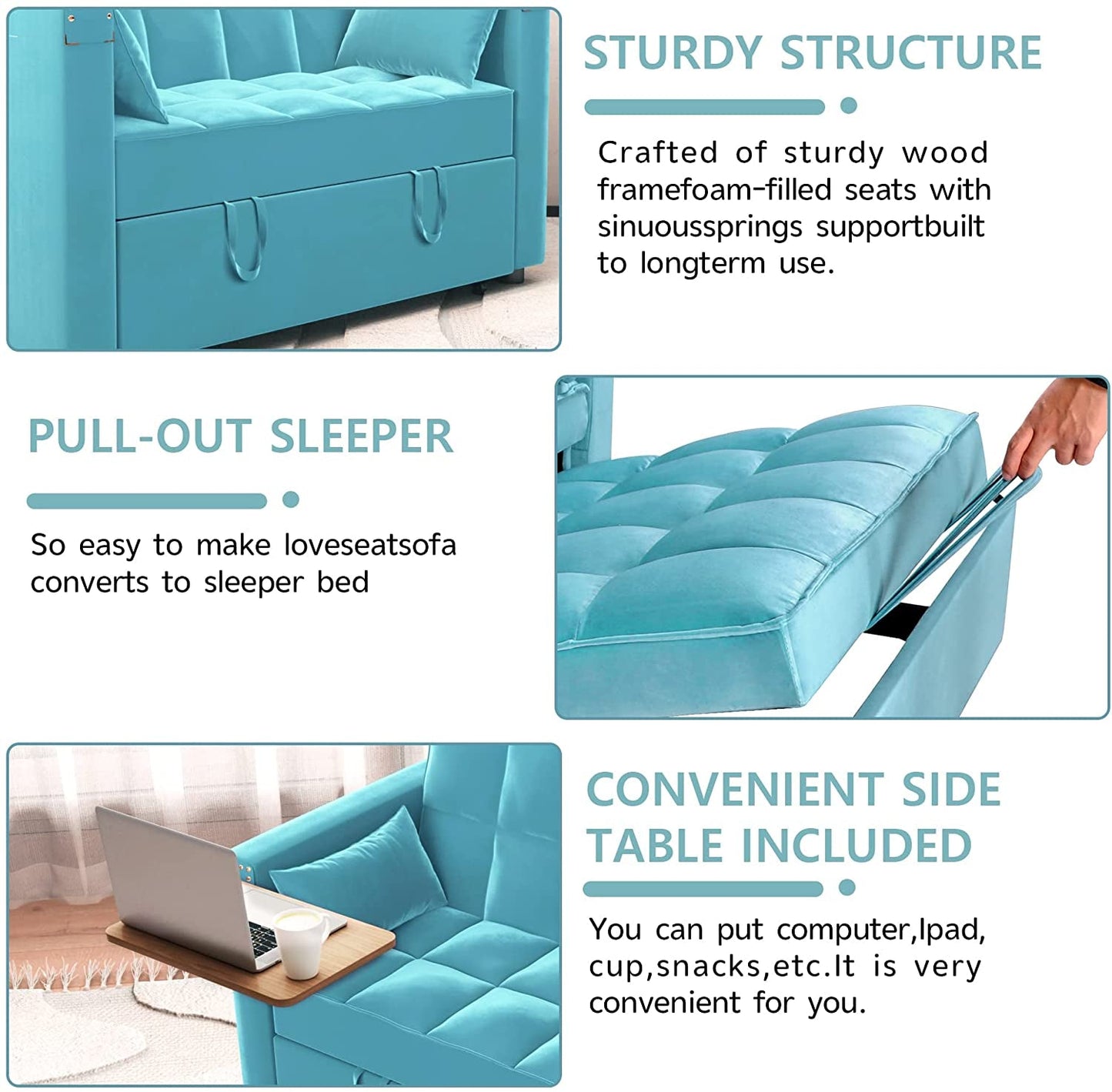 Convertible Sofa Bed with Hidden Table & Reclining Backrest-4