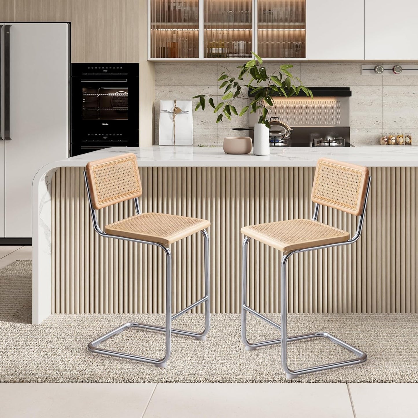 Rattan Bar Stools Set of 4, 24 Inch Modern Counter Stools with Cane Back, Low Back Barstools with Cane Seat, Counter Height Chairs with Metal Legs for Kitchen Island, Yellow-4