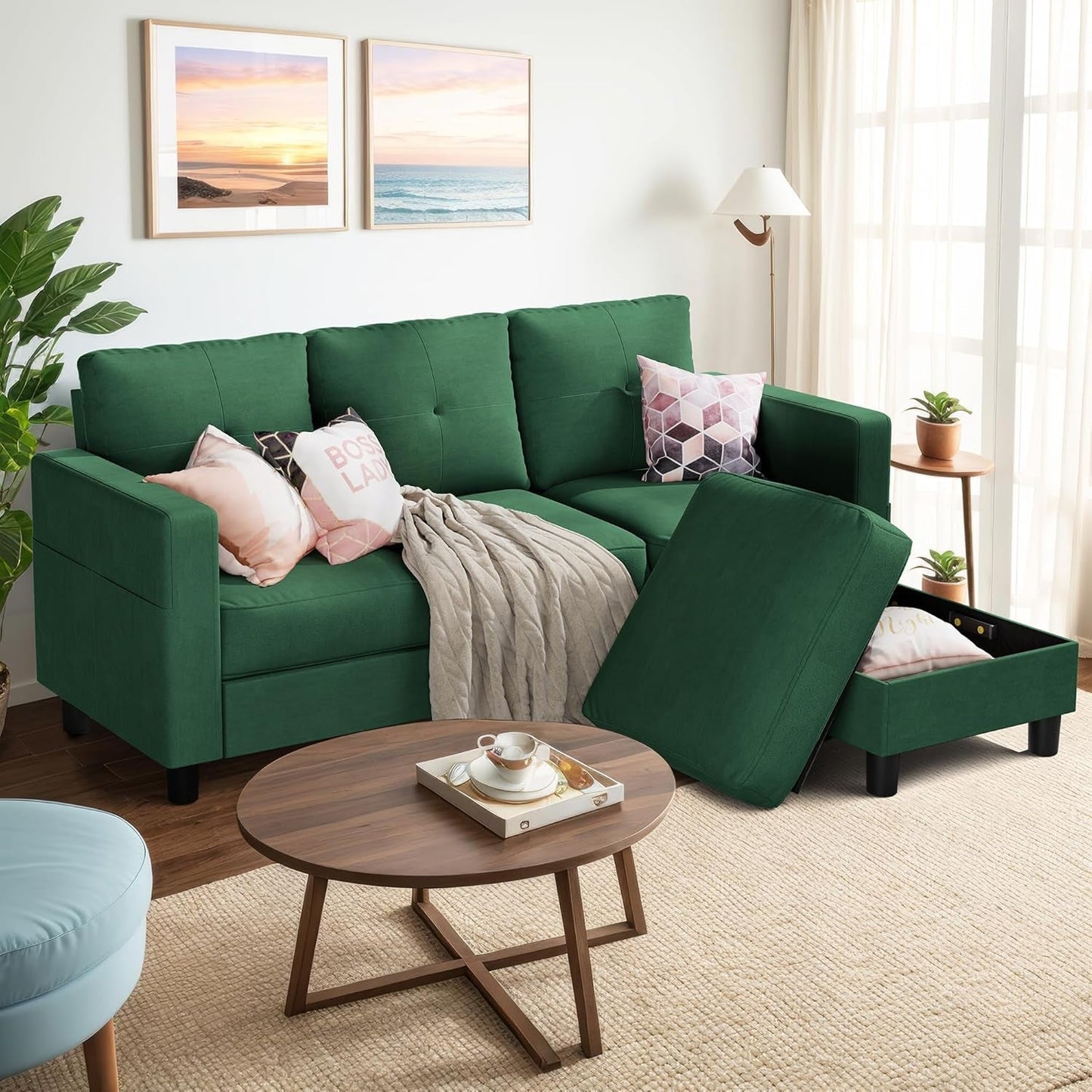 Convertible Sectional Sofa Couch,3 Seat L Shaped Couches with Storage Function Ottoman,Modern Linen Convertible Sectionals Sofas with Armrest Reversible Chaise,Small Spaces Sofa (Green)-0