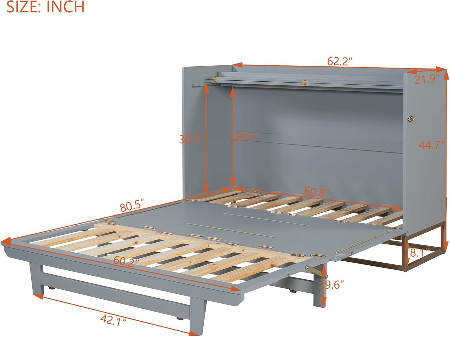 Queen Size Murphy Bed, Wooden Queen Wall Bed Frame with Iron Legs, Modern Design, Gray-1