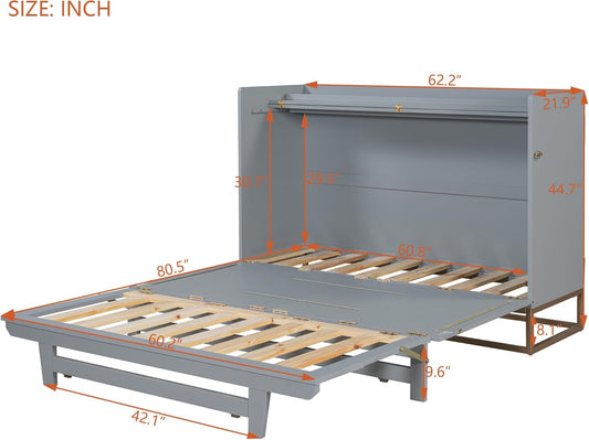 Queen Size Murphy Bed, Wooden Queen Wall Bed Frame with Iron Legs, Modern Design, Gray-1