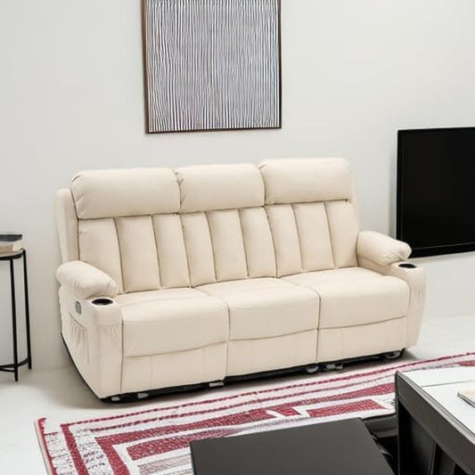 Power Reclining Sofa with Heat and Vibration,Usb Ports, Cup Holders,3-Seat Dual Recliner Sofa for Living Room 6077(Cream White, Reclining Sofa)-1