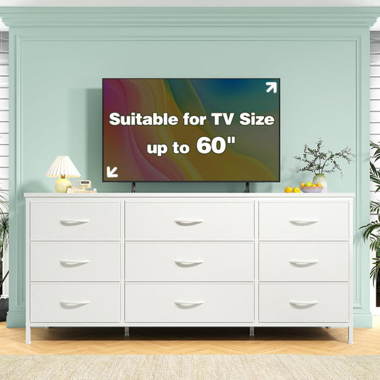 Dresser TV Stand with 9 Drawers for 60'' TV Stand for Bedroom Long Dresser for Bedroom Wide Dressers & Chests of Drawers, Sturdy Metal Frame & Wood Top, Living Room, Closet, White-1