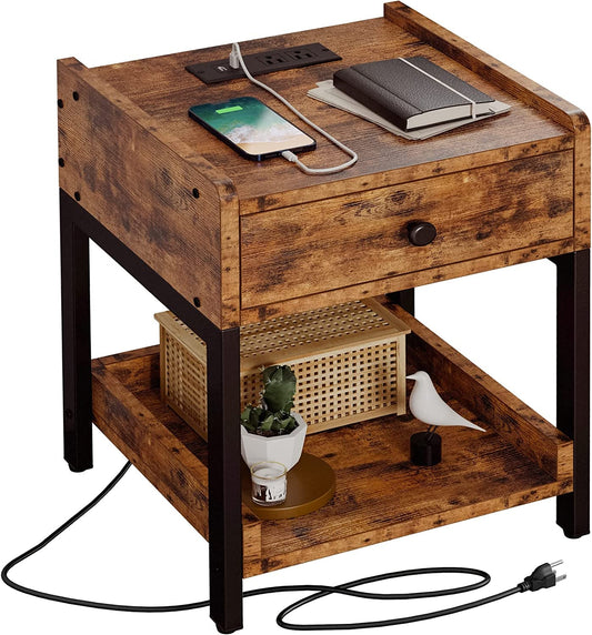 Bedside Table with Charging Station, Vintage Brown-1