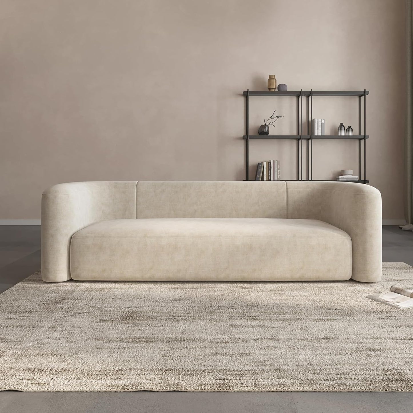 Luxury Modern Tight Curved Back Velvet Sofa, Minimalist Style Comfy Couch for Living Room Apartment, 3 Seater, Cream-0