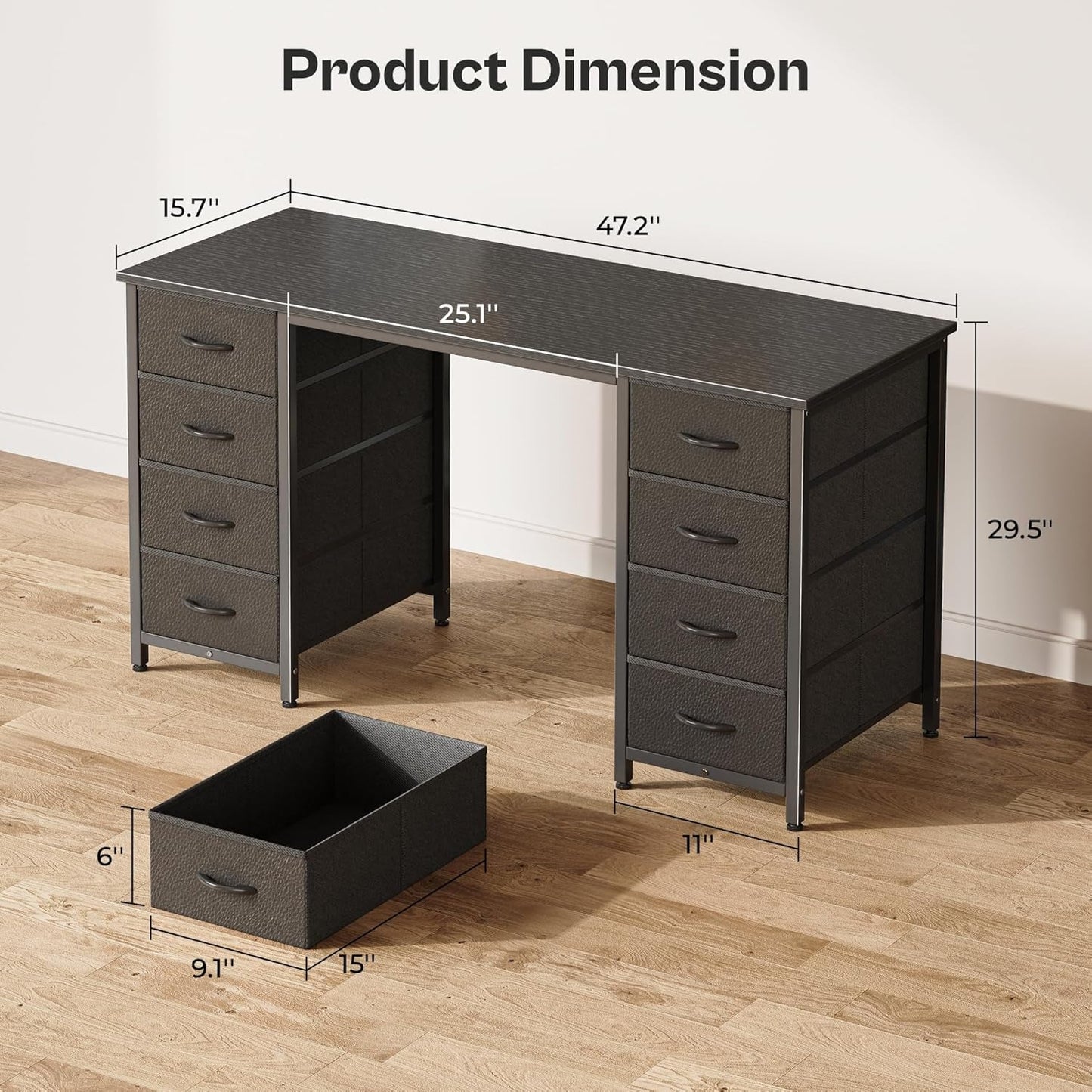 47 Inch Computer Desk with 8 Drawers, Office Desk Work Desk for Home Office, Study, Gaming Desk with Fabric Drawers, Large Storage, Black-2