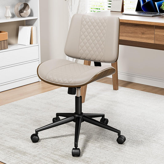 Beige Walnut Desk Chair, Armless, Wheels, Adjustable-1