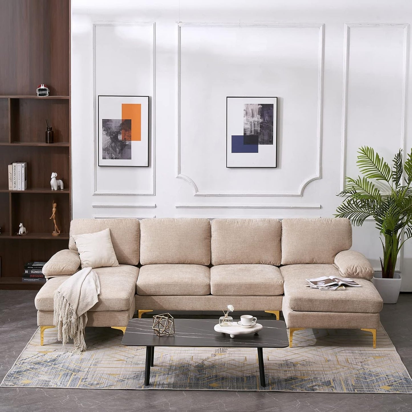Convertible Sectional Sofa 110" U-Shape Sofa Couch 4-Seat Couch with Chaise Chenillefabric Upholstered for Living Room, Apartment, Office, Camel-2