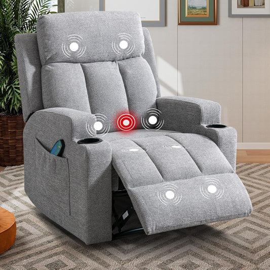 Manual Recliner Chair with Massage and Heat for Living Room Overstuffed Breathable Fabric Reclining Chair with 2 Side Pockets, 2 Cup Holders, Remote Control, Gray-1