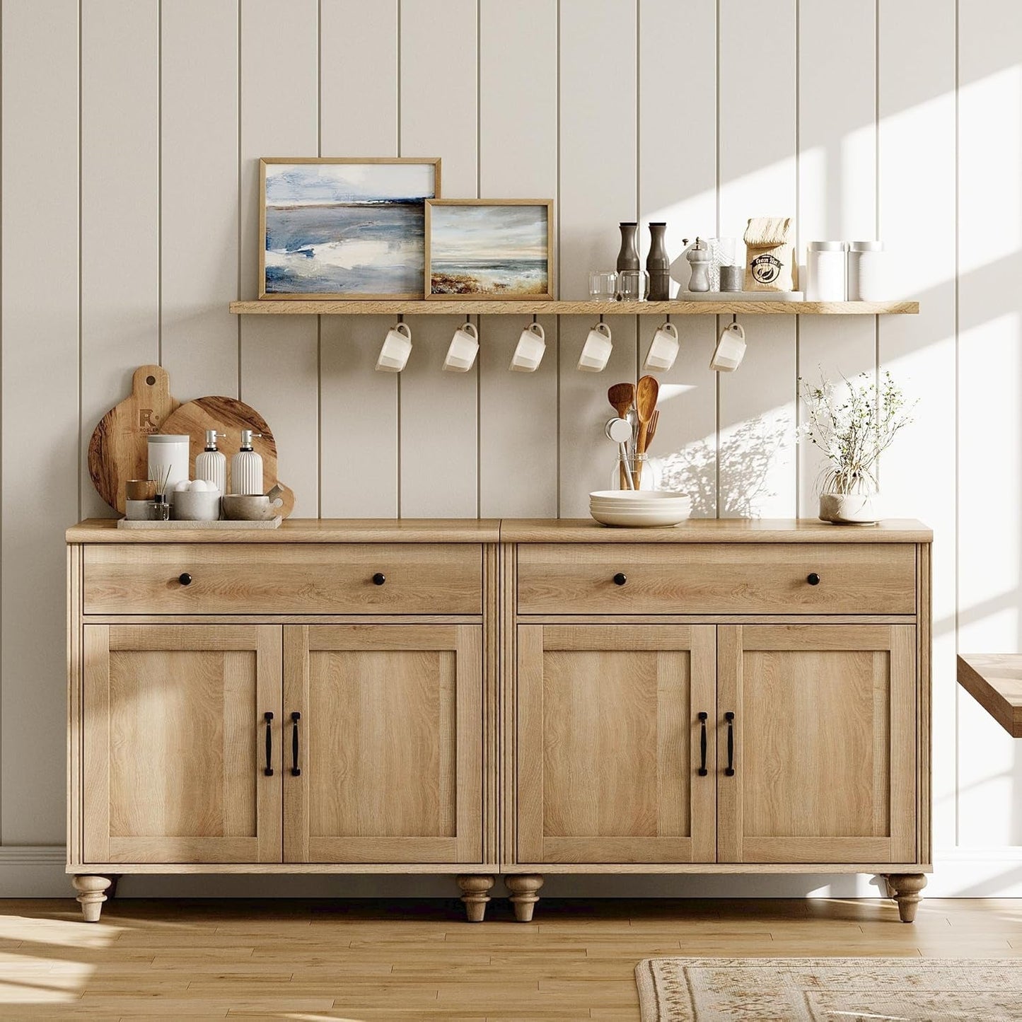 WAMAPT Buffet Cabinet with 4 Doors and 2 Drawers, Large Coffee Bar Tables Wood Kitchen Storage Cabinets with Storage Cabinets, Modern Farmhouse Sideboard Credenza for Dining Room, Oak, 68 Inch-0