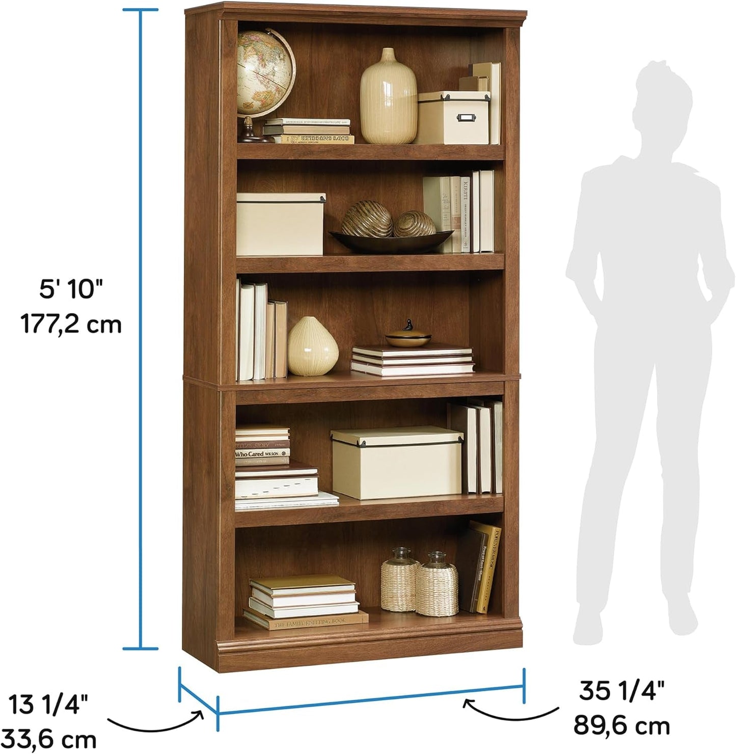 Miscellaneous Storage 5 Split Bookcase/Book Shelf, L: 35.28" X W: 13.23" X H: 69.76", Oiled Oak Finish-2