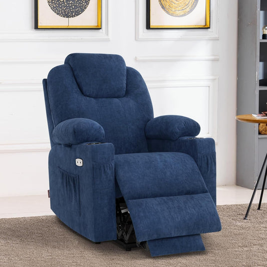 Small Power Lift Recliner Chair Sofa with Massage and Heat for Petite Elderly, 3 Positions, Cup Holders, and USB Ports, Extended Footrest, Fabric 7141 (Admiral)-1