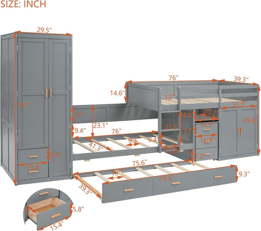 Twin over Twin Bunk Bed with Wardrobe, Desk, Storage Cabinets and Drawers, Space Saving Wooden Bed Frame & Trundle for Kids Teens Adults, No Box Spring Needed, Gray-1
