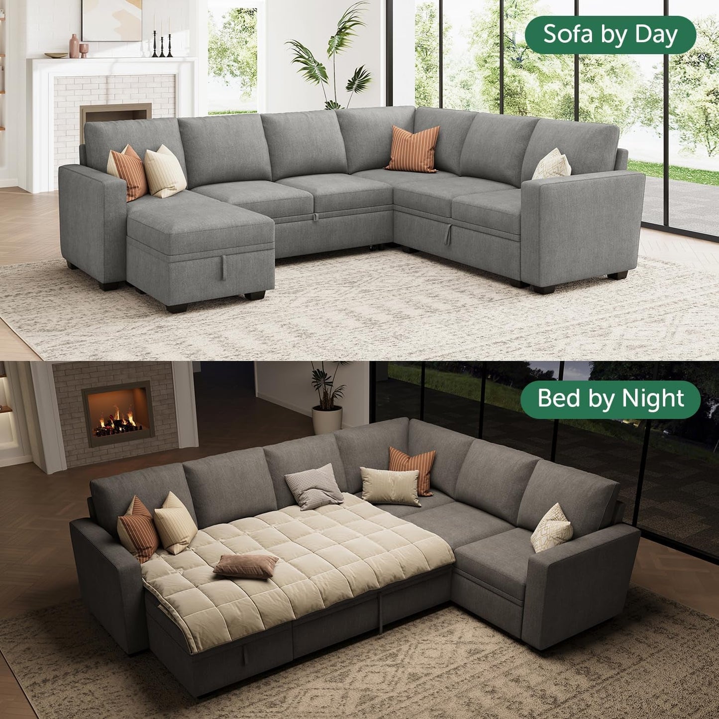 Modular Sectional Sleeper Sofa U-Shaped, Warm Grey-4