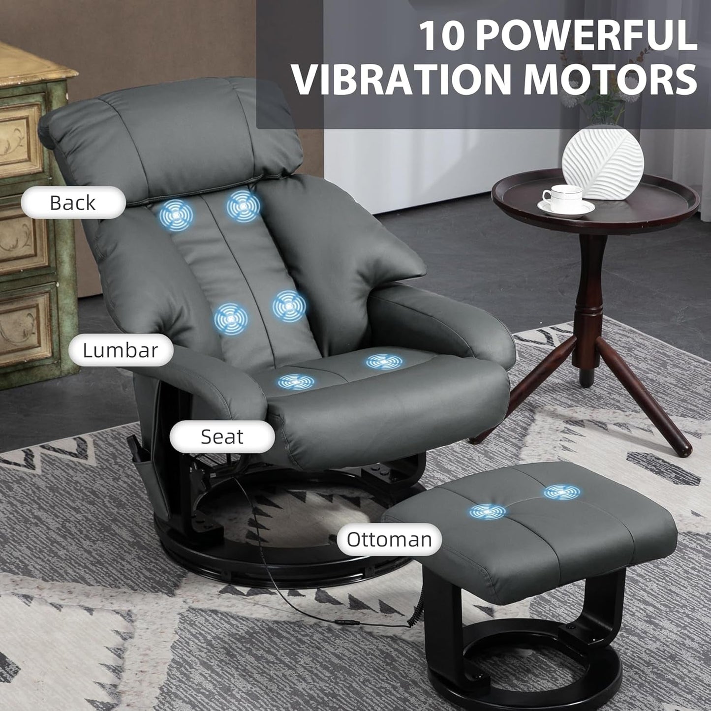 Massage Recliner Chair Ottoman 360 Swivel Leather Gray-3