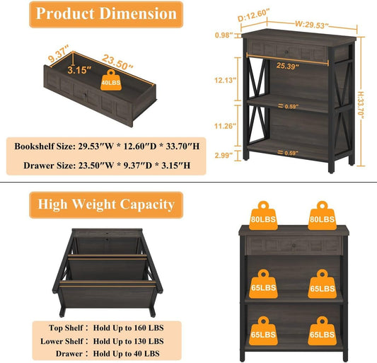 Rustic Bookshelf with Drawer, Industrial Wood and Metal Bookcase, Small Book Shelf and Low Book Case for Small Space (Walnut Brown)-1
