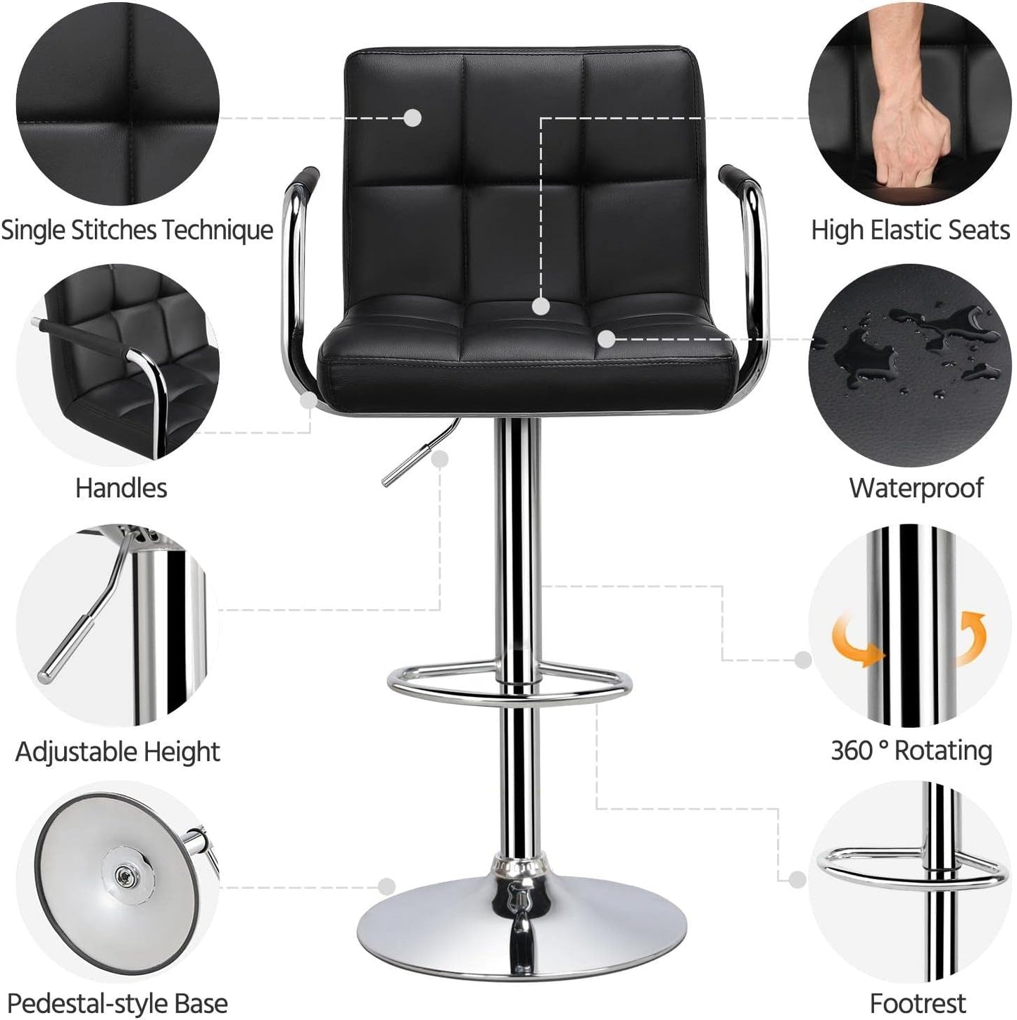 Bar Stools Set of 2, PU Leather Adjustable Swivel Barstools, Hydraulic Kitchen Counter Height Bar Chairs with Armrest and Back for Bar, Kitchen, Dining Room, Black-4