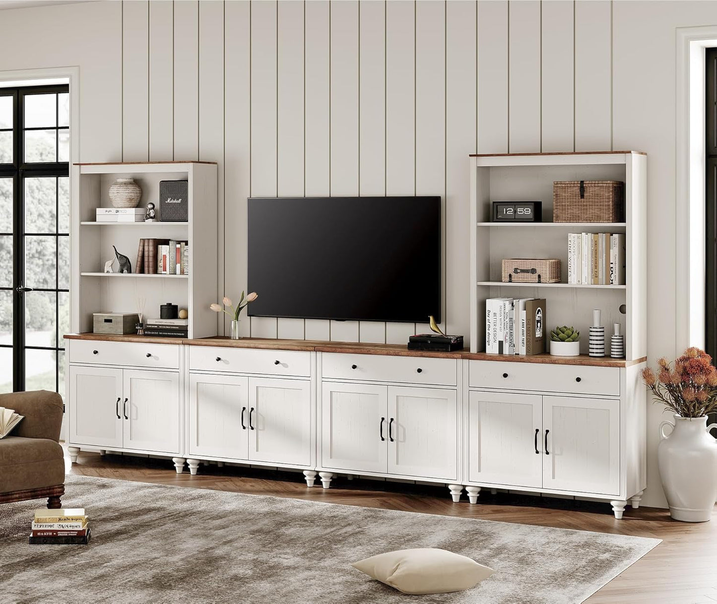 Entertainment Center with Bookshelves for Tvs up to 75", Farmhouse Wall Unit TV Stand with 8 Doors & 4 Drawer, Media Console Table for Living Room, Bedroom & Home Theater, off White-0