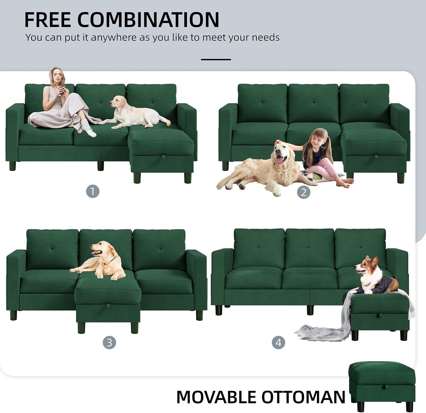 Convertible Sectional Sofa Couch,3 Seat L Shaped Couches with Storage Function Ottoman,Modern Linen Convertible Sectionals Sofas with Armrest Reversible Chaise,Small Spaces Sofa (Green)-4