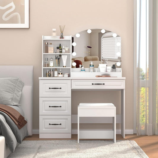 White Vanity Set with Lights and 4 Drawers-1