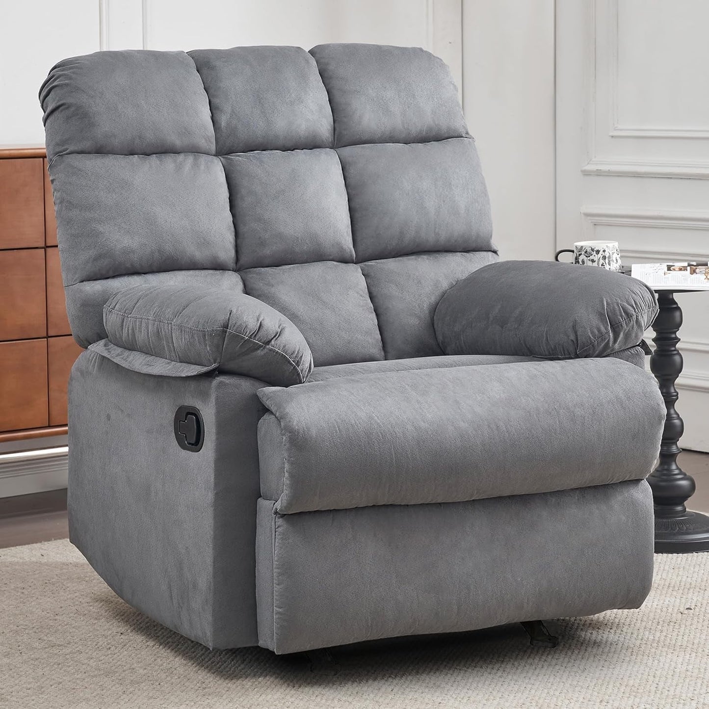 Rocker Recliner Chair, Overstuffed Large Manual Rocking Recliner for Adults, Upholstered Comfy Soft Fabric Living Room Reclining Sofa Chair(Gray)-0