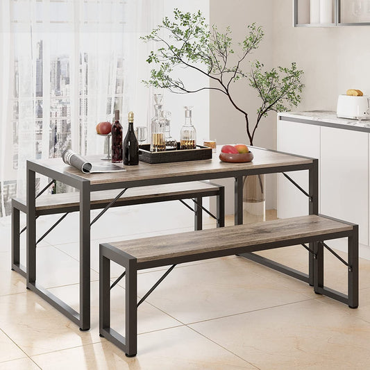 Dining Table Set for 4 with 2 Benches, Gray-1