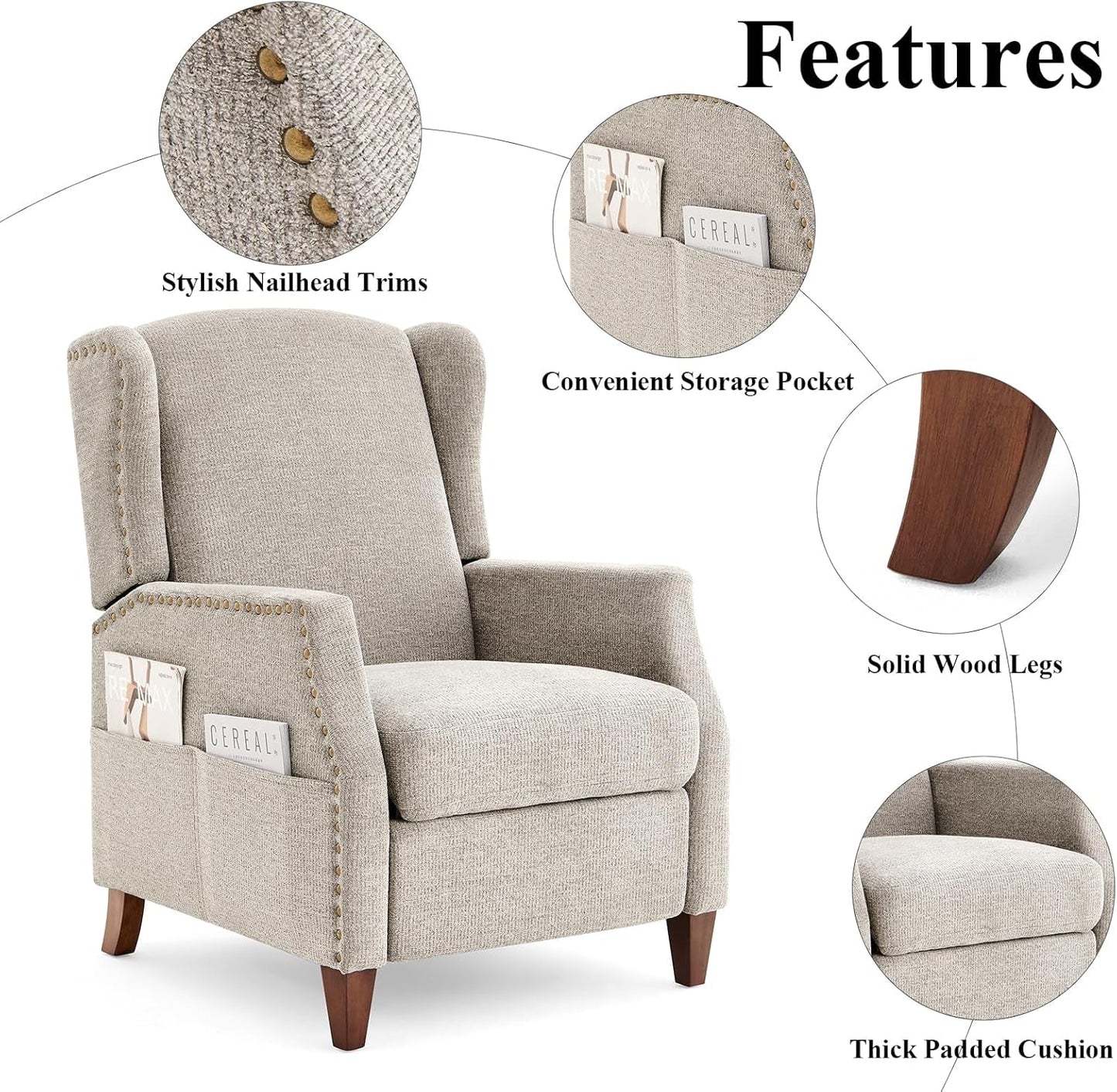 Wingback Pushback Recliner Chair with Storage Pocket, Upholstered Fabric Living Room Chair Armchair, Single Reclining Sofa with Wood Legs and Nailhead Trim for Home/Bedroom, Light Grey-4