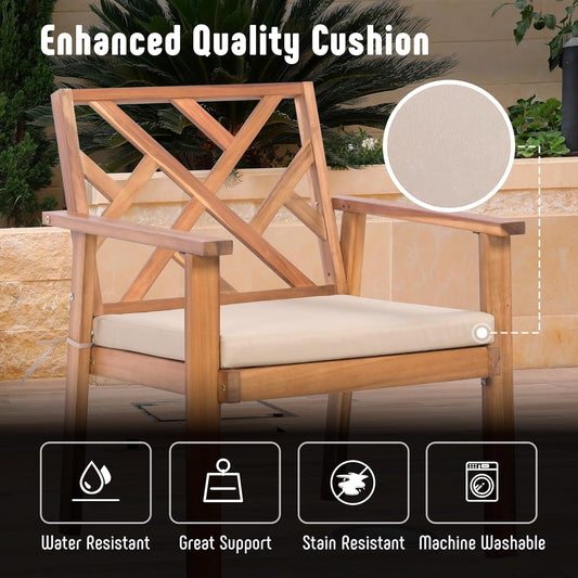 3 Piece Outdoor Patio Furniture Set, Wooden Conversation Patio Set with Padded Cushion Chairs and Coffee Table, Acacia Wood Lounge Conversation Set for Porch Balcony Deck Backyard-1