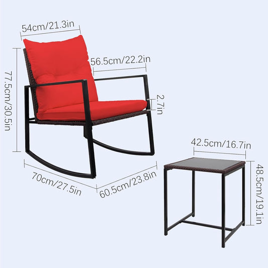 Patio 3 Piece Rocking Chairs Bistro Set with Cushions Wicker Rattan Conversation Set with Glass Coffee Table (Red Cushion + Brown Rattan)-1